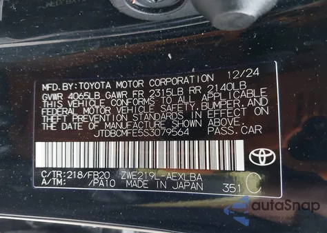 2025 Toyota Corolla Hybrid Le from USA, damaged, VIN JTDBCMFE5S3079564